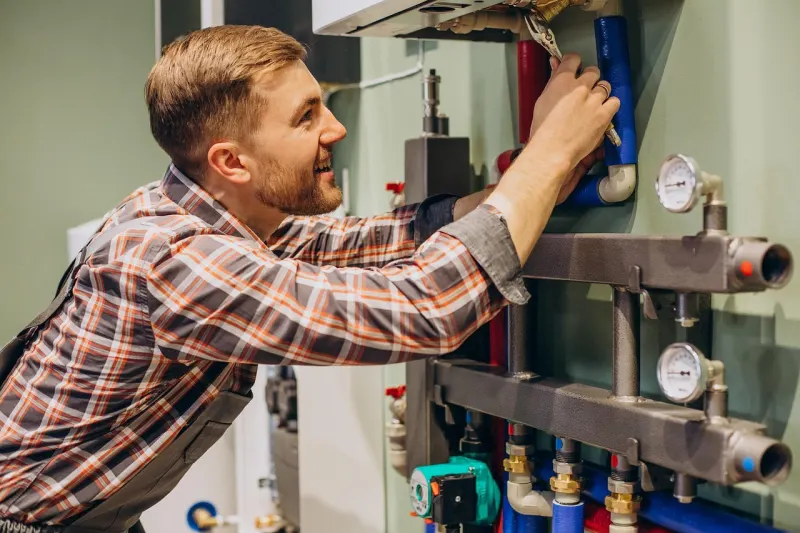 Técnico revisando la caldera y las tuberías en un cuarto de instalaciones