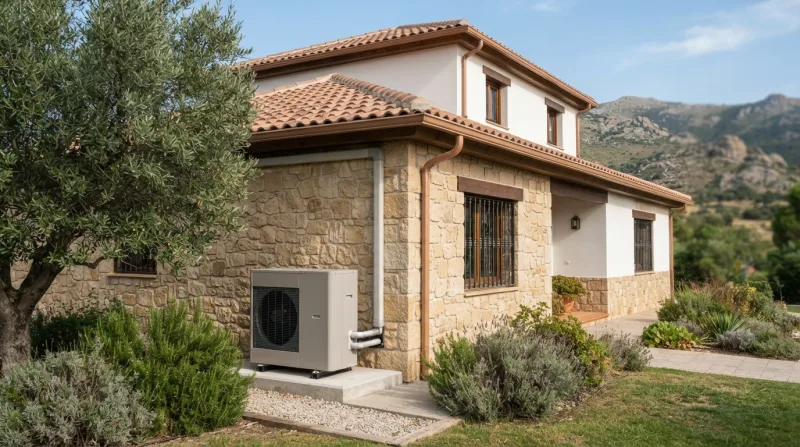 Unidad exterior de aerotermia instalada en una vivienda unifamiliar, con el compresor en funcionamiento y la bomba de calor visible