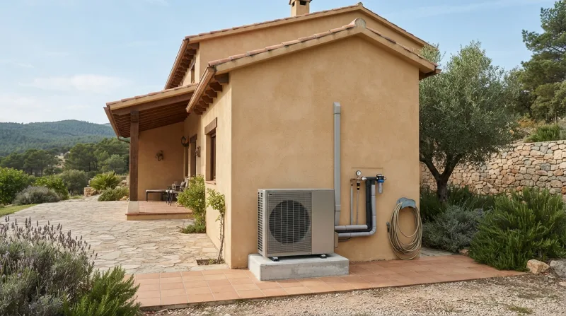 Unidad exterior de aerotermia funcionando junto a una vivienda unifamiliar en la Sierra de Madrid, con el contador eléctrico visible