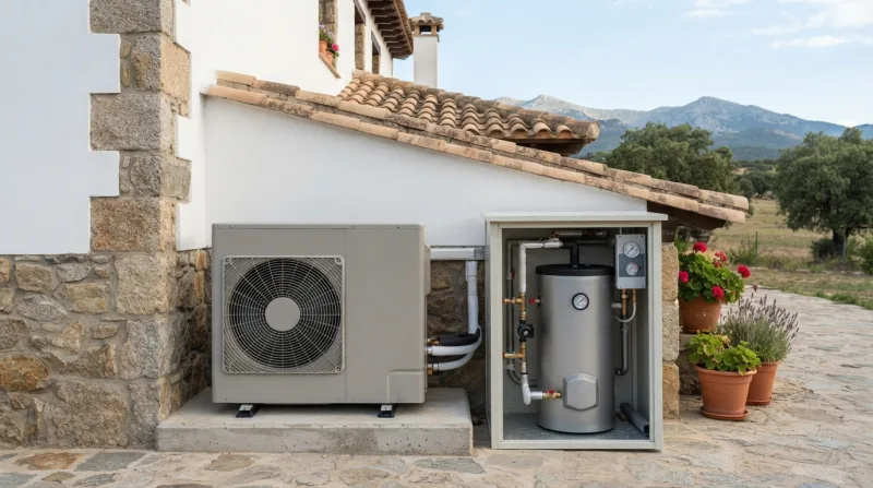 Bomba de calor de aerotermia exterior junto a acumulador de agua caliente en una vivienda unifamiliar