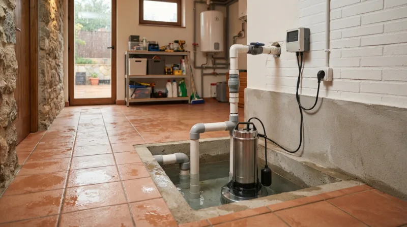 Bomba de achique sumergible en un sótano con agua, mostrando el flotador y el cable de alimentación