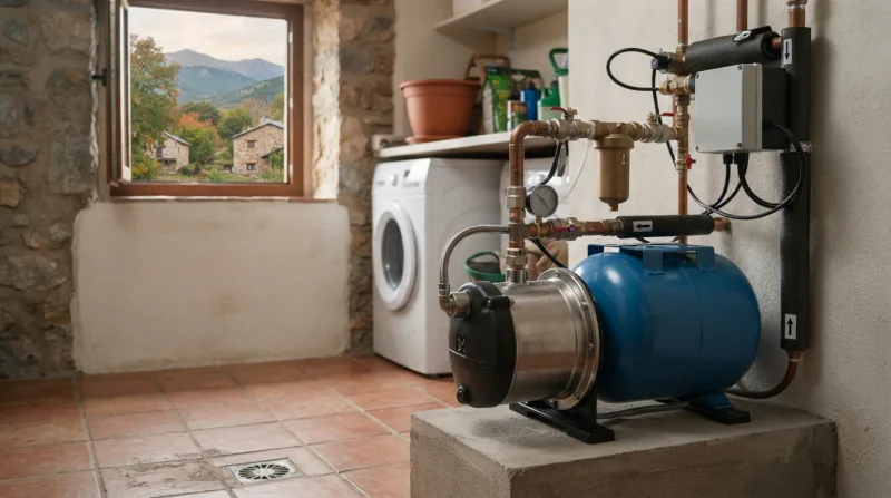 Técnico revisando una bomba de agua en una vivienda unifamiliar de Los Molinos durante el mantenimiento preventivo de otoño