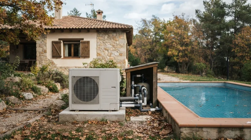 Bomba de calor para piscina en otoño junto a una piscina climatizada