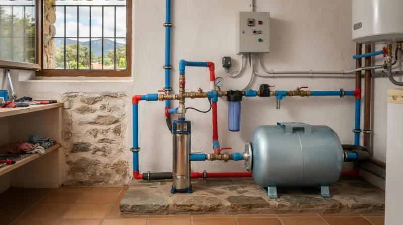Bomba de agua para pozo con tuberías y filtro en una instalación doméstica