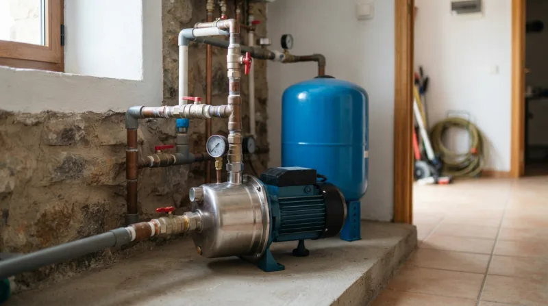 Bomba de pozo sumergible instalada junto a una tubería de aspiración en una vivienda unifamiliar de la Sierra de Madrid