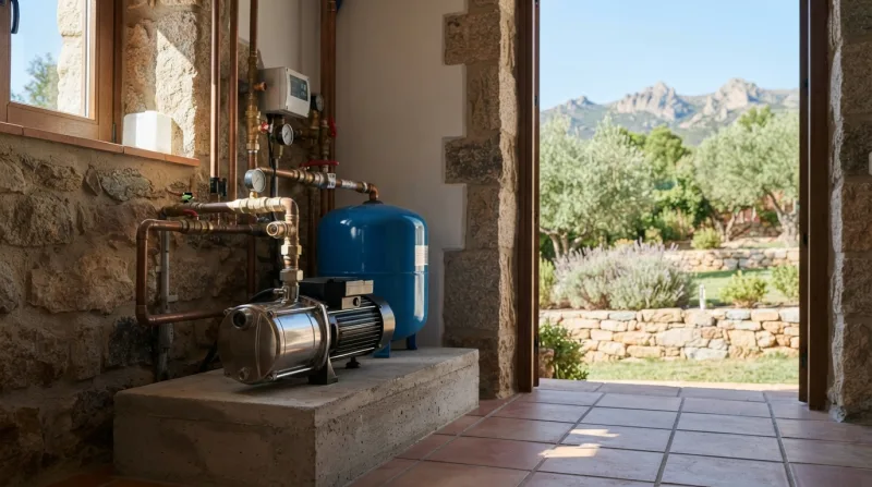 Bomba de pozo sumergible instalada junto a una bomba de superficie para comparar en una vivienda unifamiliar de la Sierra de Madrid