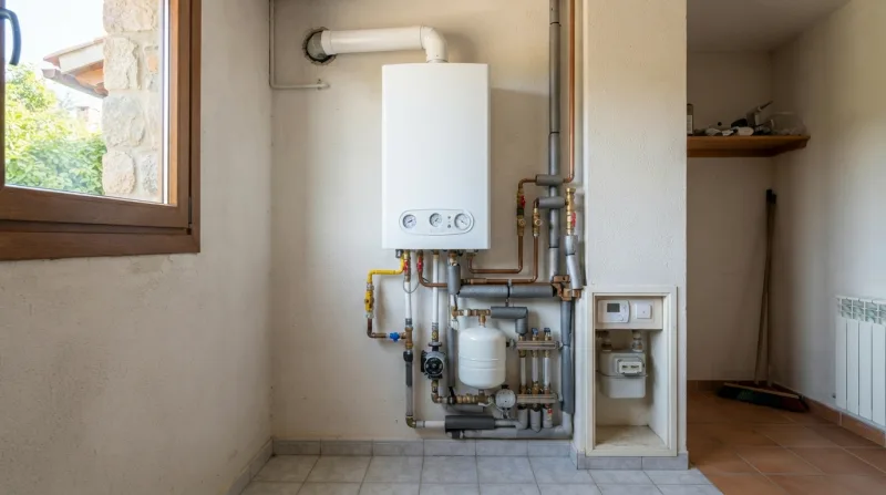 Técnico de Mister Calor revisando una caldera de gas en una vivienda unifamiliar de la Sierra de Madrid, comprobando la presión y los gases de combustión