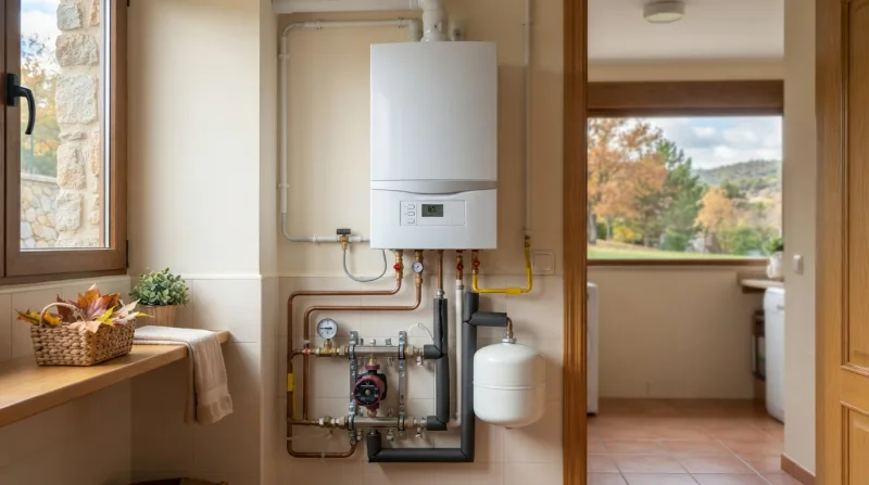 Técnico revisando la presión de una caldera de gas en una vivienda unifamiliar
