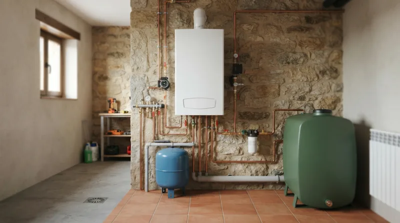 Caldera de gasóleo con quemador abierto mostrando los electrodos de encendido y el filtro de combustible en una vivienda unifamiliar de la Sierra de Madrid