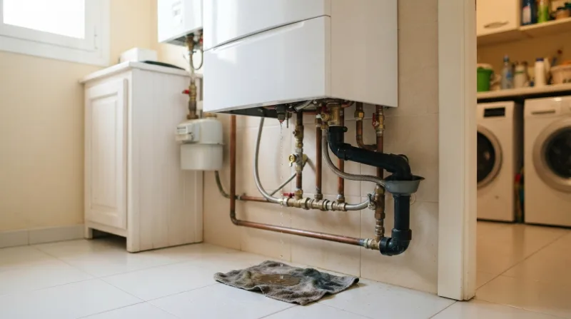 Técnico revisando una caldera de gas que gotea agua en una vivienda unifamiliar