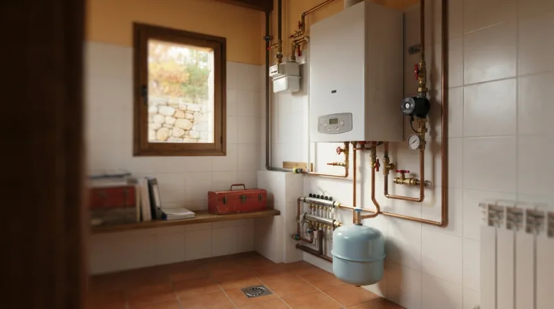 Técnico revisando una caldera de gas en una vivienda unifamiliar de la Sierra de Madrid