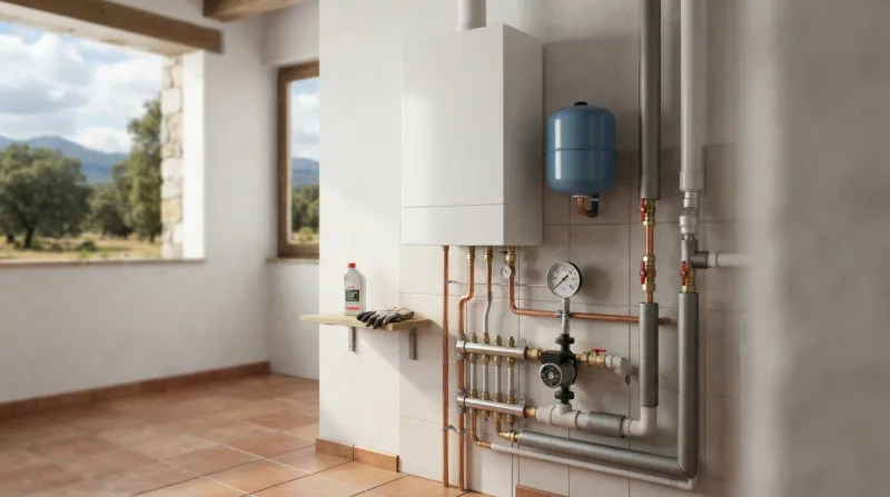 Manómetro de caldera mostrando presión baja en una vivienda unifamiliar
