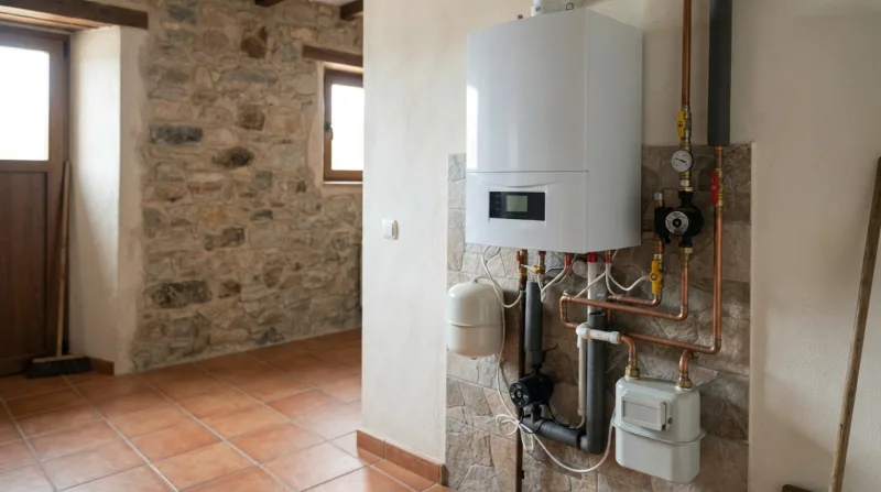 Técnico revisando una caldera de gas en una vivienda de Collado Villalba que se apaga sola