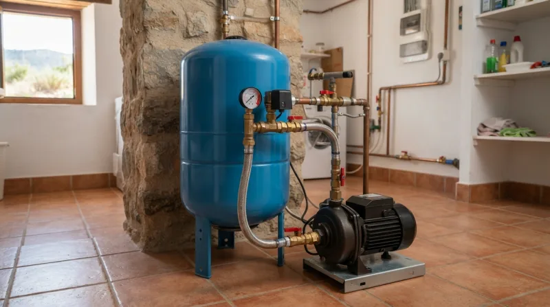 Calderín de grupo de presión con manómetro en instalación de fontanería