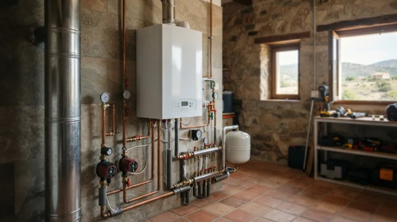 Técnico revisando una caldera de gas en una vivienda unifamiliar de la Sierra de Madrid