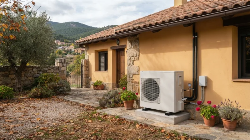 Unidad exterior de aerotermia instalada junto a una vivienda unifamiliar en Los Molinos