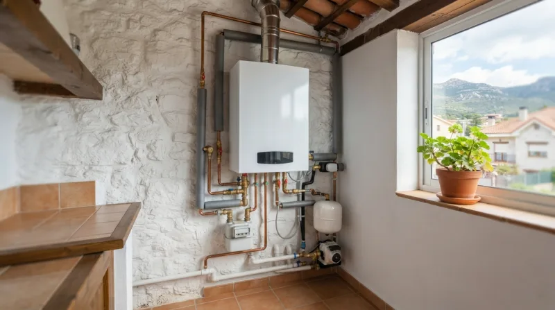 Técnico cambiando una caldera de gas por una de condensación en una vivienda de Moralzarzal