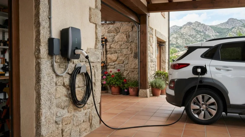 Cargador de coche eléctrico de pared instalado en el garaje de una vivienda unifamiliar en Los Molinos