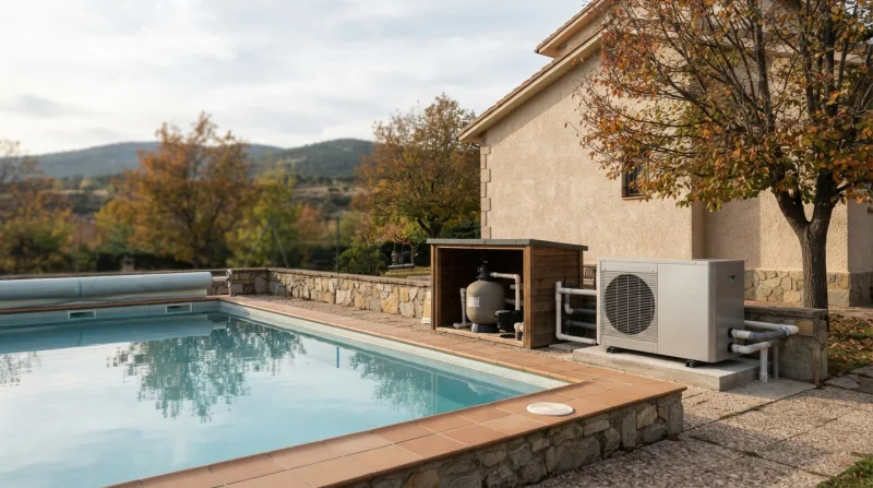 Bomba de calor para climatizar piscina instalada junto a una piscina de jardín en otoño