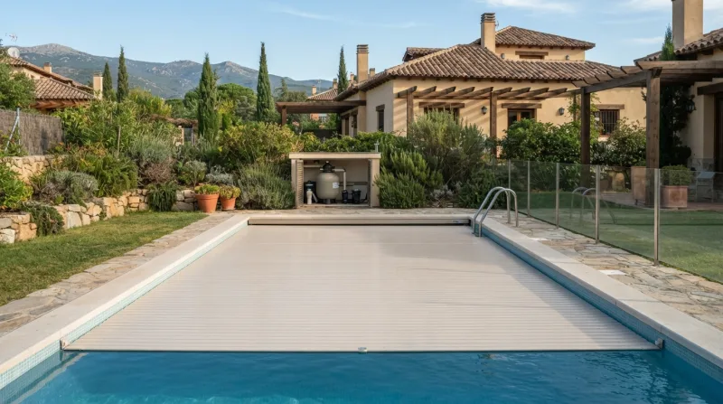Cubierta alta telescópica sobre una piscina climatizada en una vivienda unifamiliar de la Sierra de Madrid en otoño