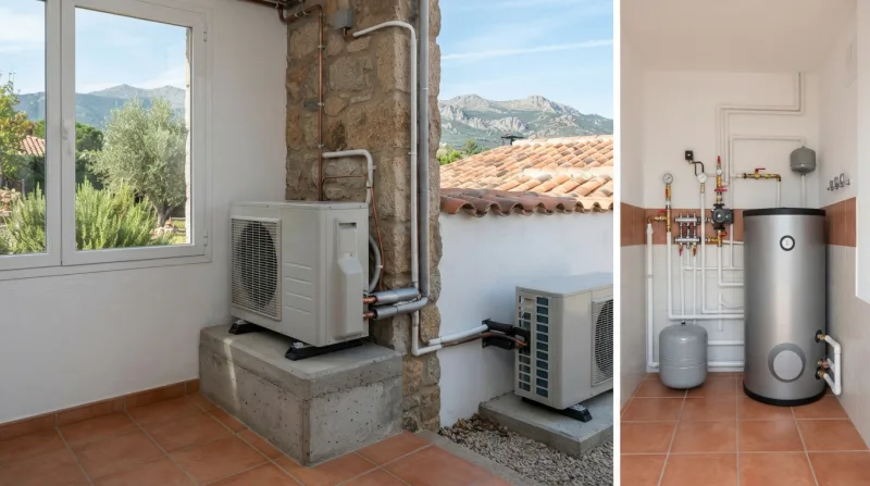 Técnico revisando un presupuesto de climatización junto a una caldera mural en una vivienda unifamiliar de la Sierra de Madrid