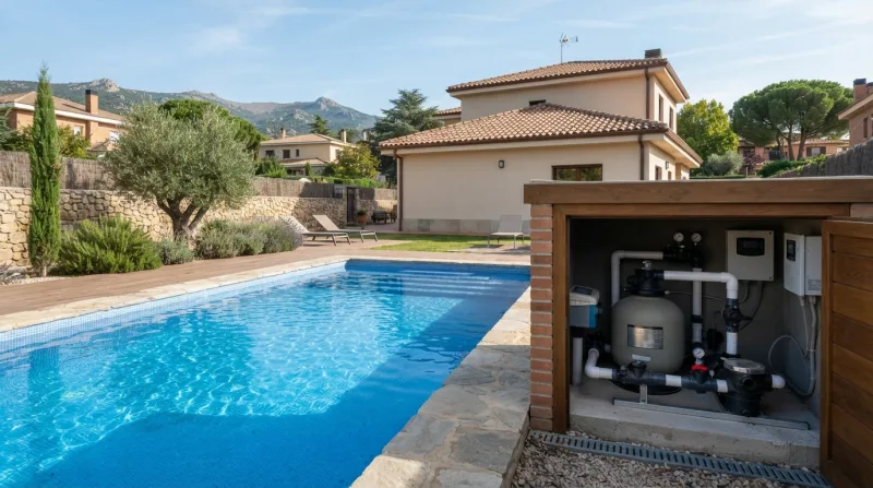 Excavación y estructura de una piscina en construcción en una parcela de Torrelodones, con equipo de obra y maquinaria