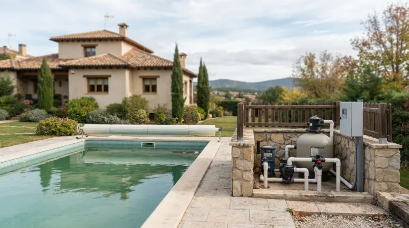 Piscina al aire libre en otoño con agua limpia y cubierta de invierno, lista para el invernaje en la Sierra de Madrid