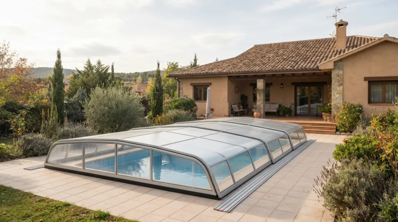 Cubierta de policarbonato instalada sobre una piscina en una vivienda unifamiliar de la Sierra de Madrid en otoño