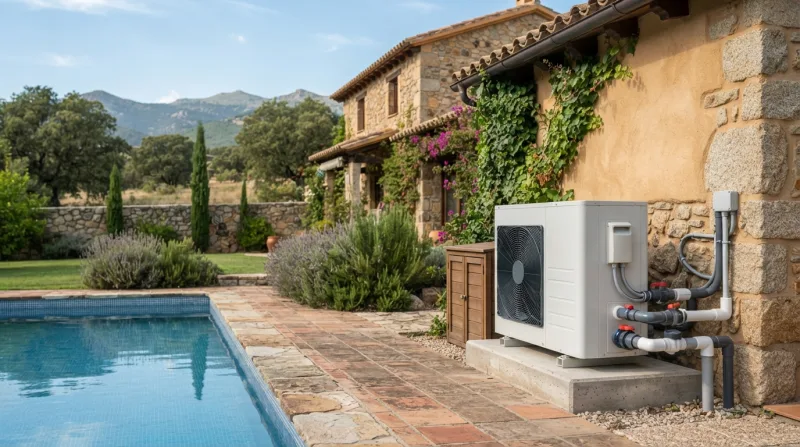 Bomba de calor para piscina junto a una cubierta térmica que evita pérdidas de calor