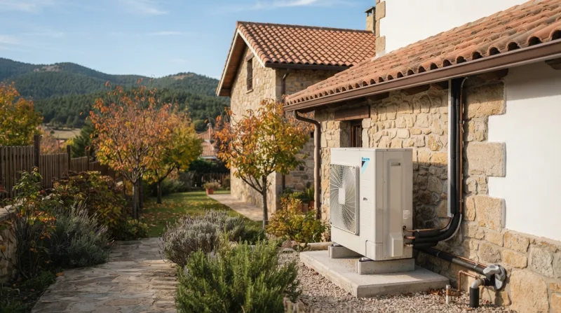 Aire acondicionado split en modo calor con flujo de aire dirigido hacia abajo en una vivienda de la Sierra de Madrid