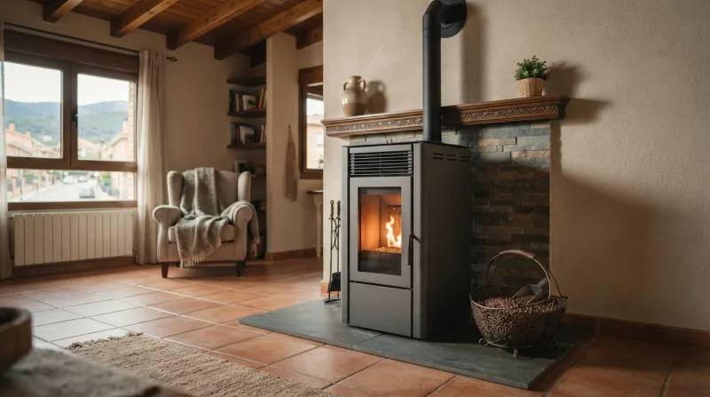 Estufa de pellets encendida en un salón de una vivienda de la Sierra de Madrid