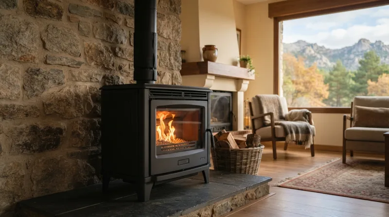 Estufa de pellets encendida en una vivienda unifamiliar de la Sierra de Madrid