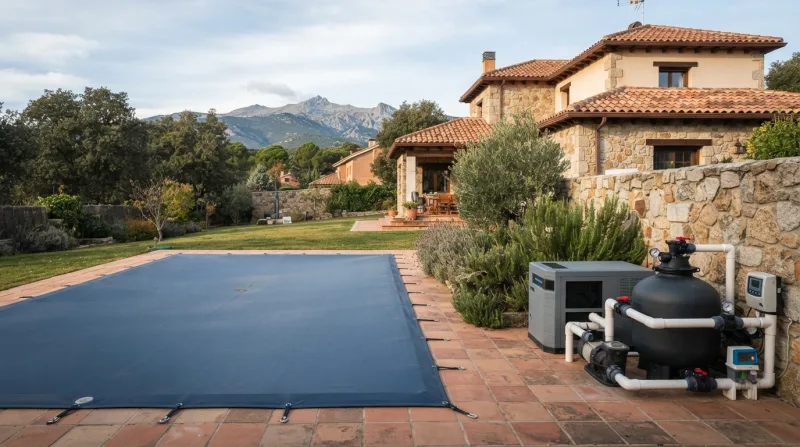 Piscina cubierta con lona de invierno junto a un chalé en Guadarrama