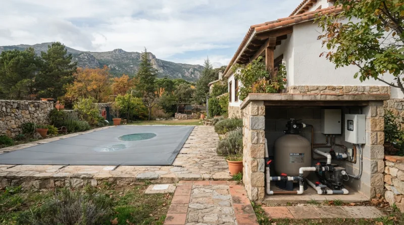 Técnico purgando la bomba y el filtro de una piscina durante el invernaje en una vivienda unifamiliar de Hoyo de Manzanares