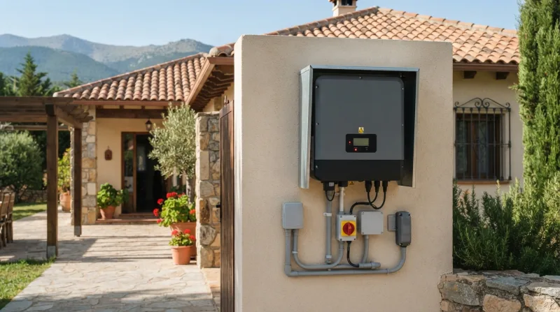 Inversor solar instalado en una vivienda unifamiliar mostrando un código de error en su pantalla