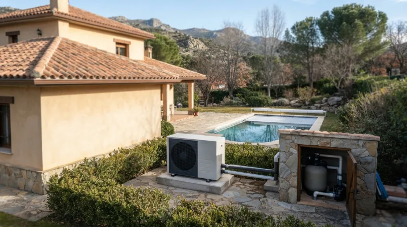 Piscina exterior con agua limpia y sin vaciar, preparada para el invierno con cobertor y skimmers protegidos