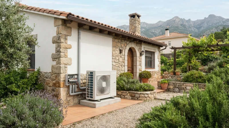 Unidad exterior de aerotermia junto a colectores de suelo radiante en una vivienda unifamiliar de la Sierra de Madrid