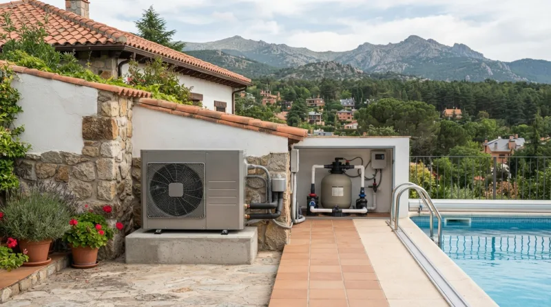 Bomba de calor de piscina climatizada en una vivienda de la Sierra de Madrid