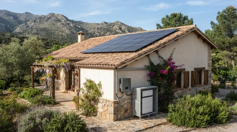 Instalación de placas solares en el tejado de una vivienda unifamiliar en la Sierra de Madrid, con paneles orientados al sur para aprovechar la radiación solar.