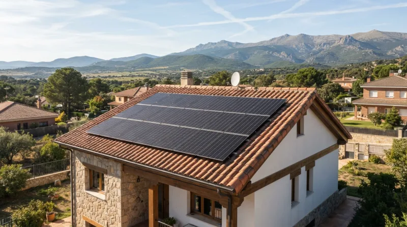 Paneles solares con sombra parcial de un árbol en otoño sobre tejado de una vivienda unifamiliar