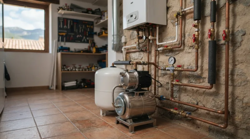 Técnico revisando el manómetro de una bomba de agua en una vivienda unifamiliar