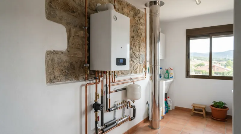 Caldera de gas doméstica en una vivienda unifamiliar mostrando el manómetro de presión, los radiadores y la bomba de circulación, con un técnico realizando una revisión preventiva en otoño