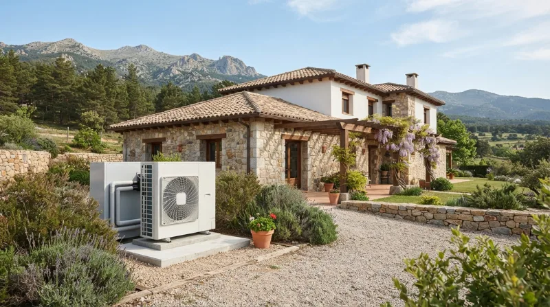 Técnico revisando una bomba de calor aerotermia en una vivienda unifamiliar de Collado Mediano