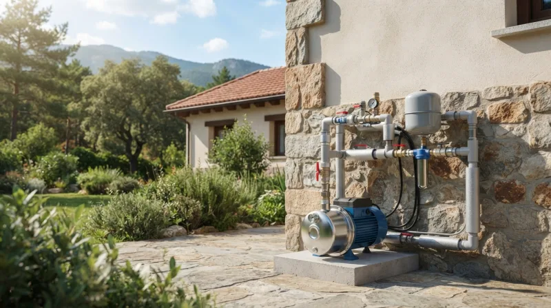 Técnico revisando una bomba de agua en una vivienda de Cercedilla en otoño, con manómetro y cuadro eléctrico visible