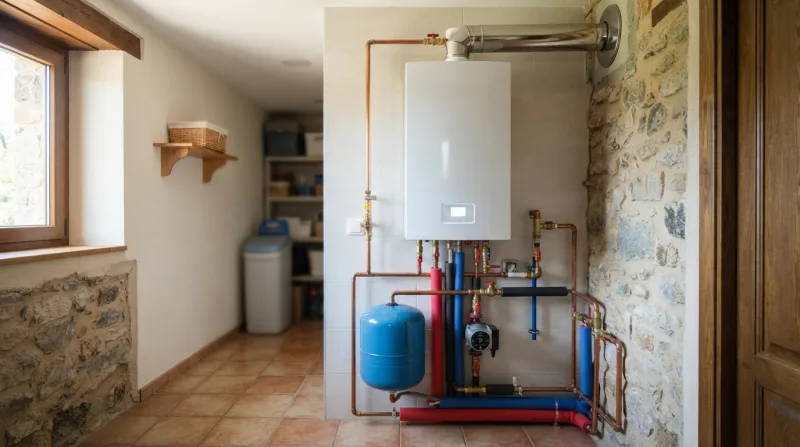Caldera de condensación de gas instalada en una vivienda unifamiliar en Cercedilla, con tuberías y radiadores