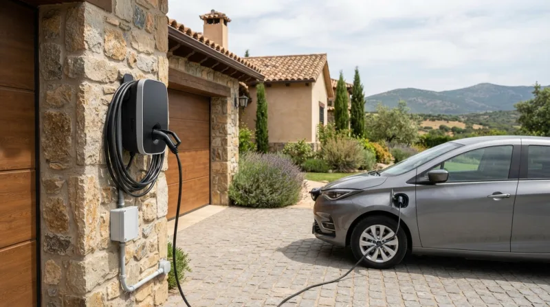 Cargador de coche eléctrico instalado en la pared exterior de un chalet en Galapagar, con cable conectado y luz de carga activa