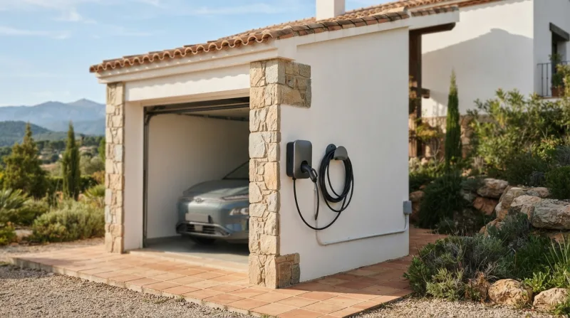 Cargador de coche eléctrico instalado en la pared de un garaje unifamiliar en Moralzarzal
