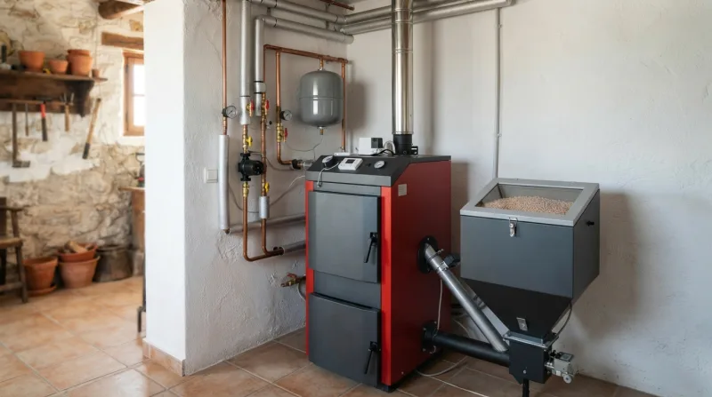 Caldera de pellets encendida con depósito de combustible en una vivienda unifamiliar de Galapagar