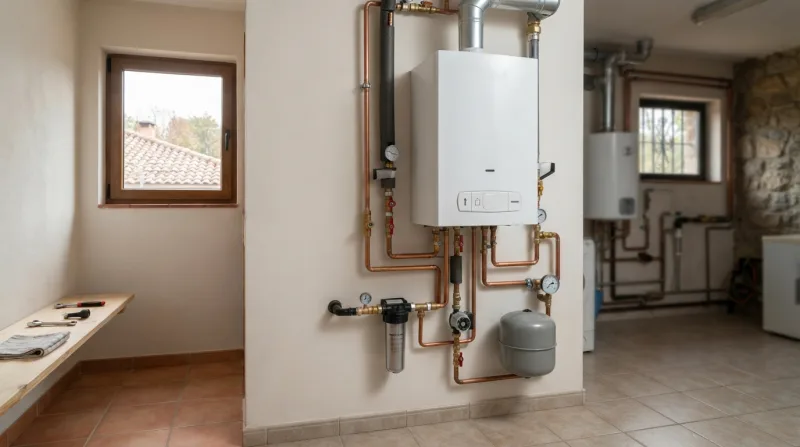 Técnico revisando caldera de gas en vivienda de Majadahonda durante otoño