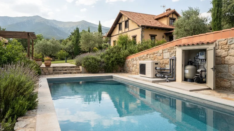 Reforma de piscina con gres porcelánico en San Lorenzo de El Escorial, mostrando obra y acabado